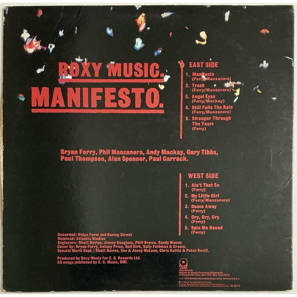 Roxy Music – Manifesto - Vinyl LP - 1979‎ ATCO SD 38-114 - Ultrasonic Cleaned - Picture 4 of 5